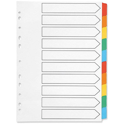 Q-Connect Reinforced Board Subject Dividers, 10-Part, Blank Multicolour Tabs, A4, White
