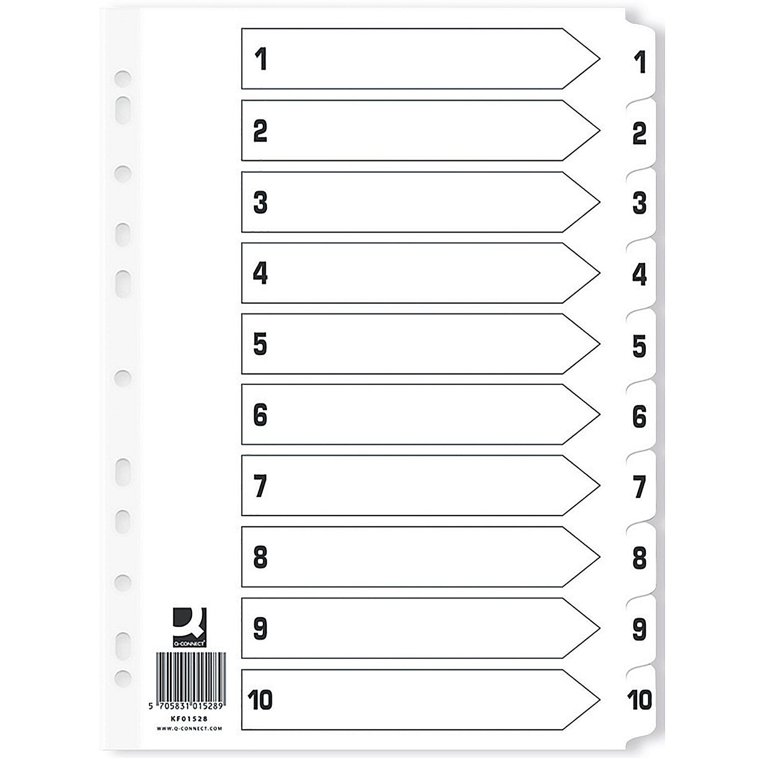 Q-Connect Reinforced Board Index Dividers, 1-10, Clear Tabs, A4, White (Pack of 25)