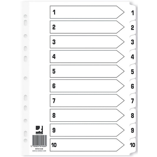 Q-Connect Reinforced Board Index Dividers, 1-10, Clear Tabs, A4, White (Pack of 25)
