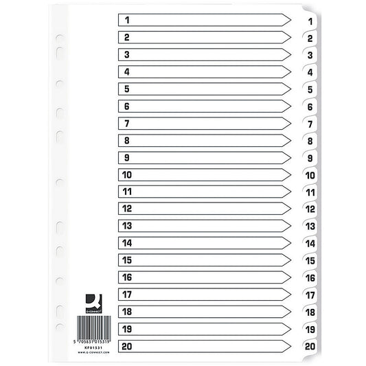 Q-Connect Reinforced Board Index Dividers, 1-20, Clear Tabs, A4, White (Pack of 10)