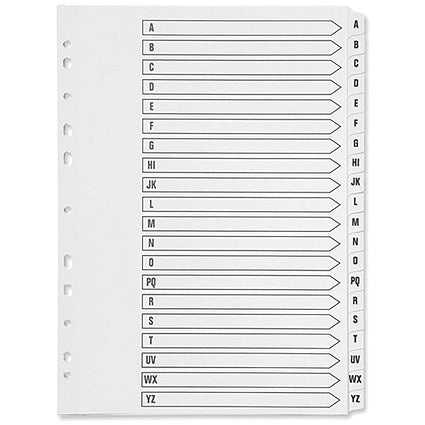 Q-Connect Reinforced Board Index Dividers, A-Z, Clear Tabs, A4, White