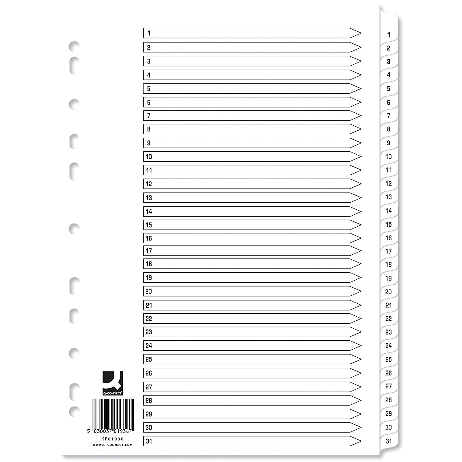 Q-Connect Reinforced Board Index Dividers, 1-31, Clear Tabs, A4, White, Pack of 10