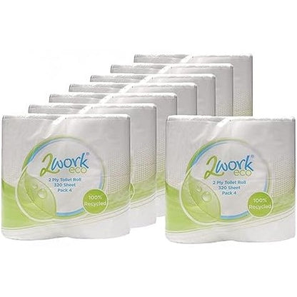 2Work Recycled Toilet Roll, 2-Ply, 320 Sheet Rolls, Pack of 36