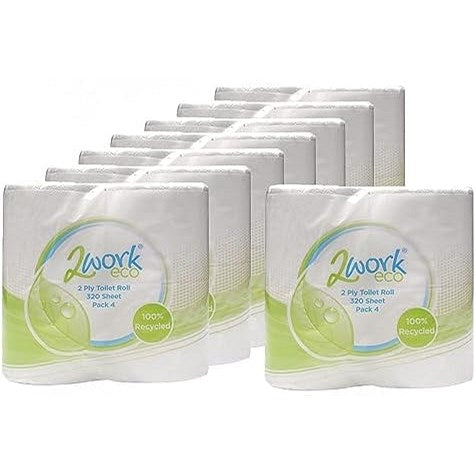 2Work Recycled Toilet Roll, 2-Ply, 320 Sheet Rolls, Pack of 36