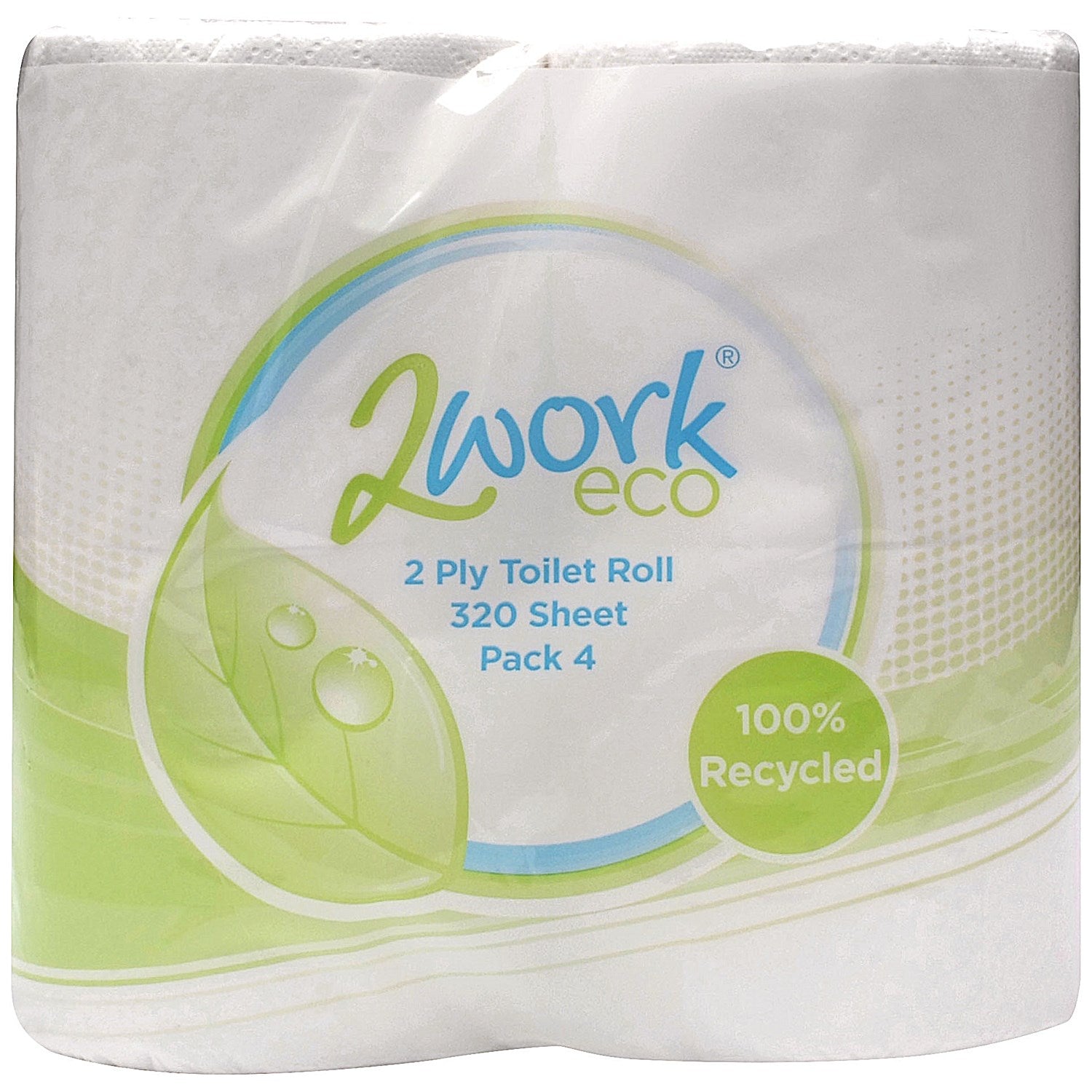 2Work Recycled Toilet Roll, 2-Ply, 320 Sheet Rolls, Pack of 36