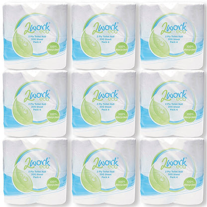 2Work Recycled Toilet Roll, 2-Ply, 200 Sheet Rolls, Pack of 36