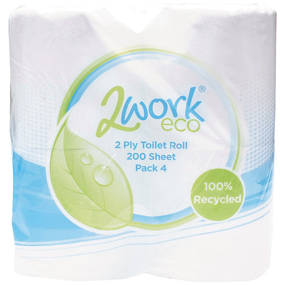 2Work Recycled Toilet Roll, 2-Ply, 200 Sheet Rolls, Pack of 36