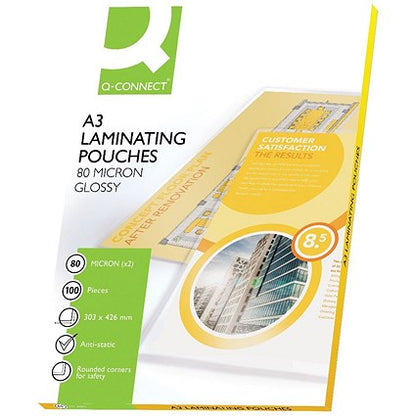 Q-Connect A3 Laminating Pouches, 160 Microns, Glossy, Pack of 100