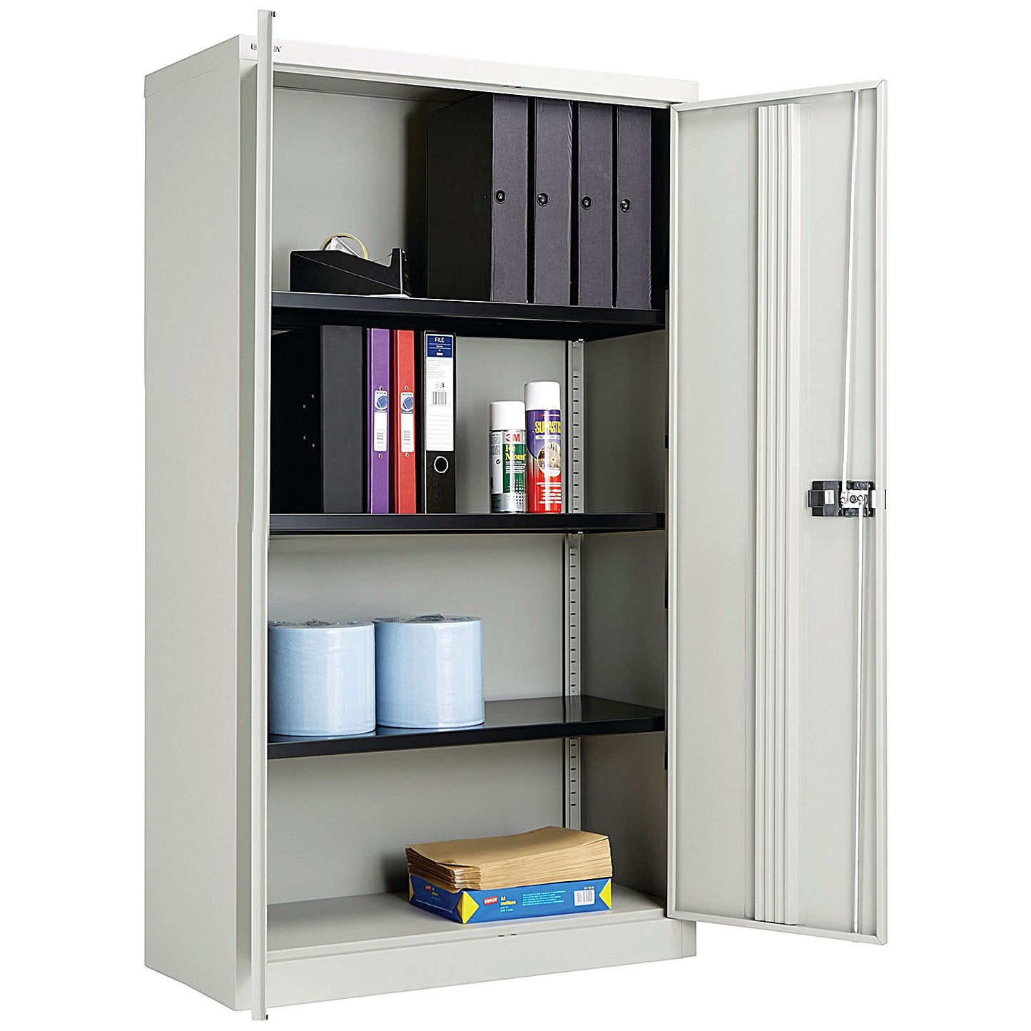 Jemini Tall Steel Stationery Cupboard, 3 Shelves, 1810mm High, Grey