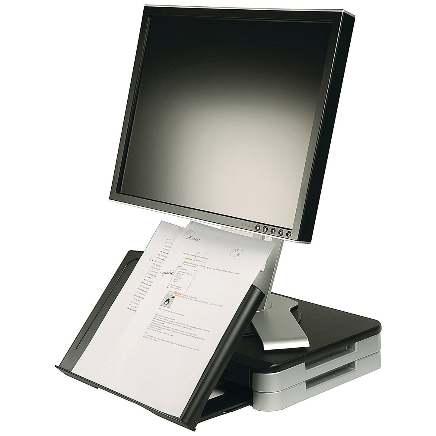 Q-Connect Monitor Stand with Drawer and Copyholder, Adjustable Height, Black