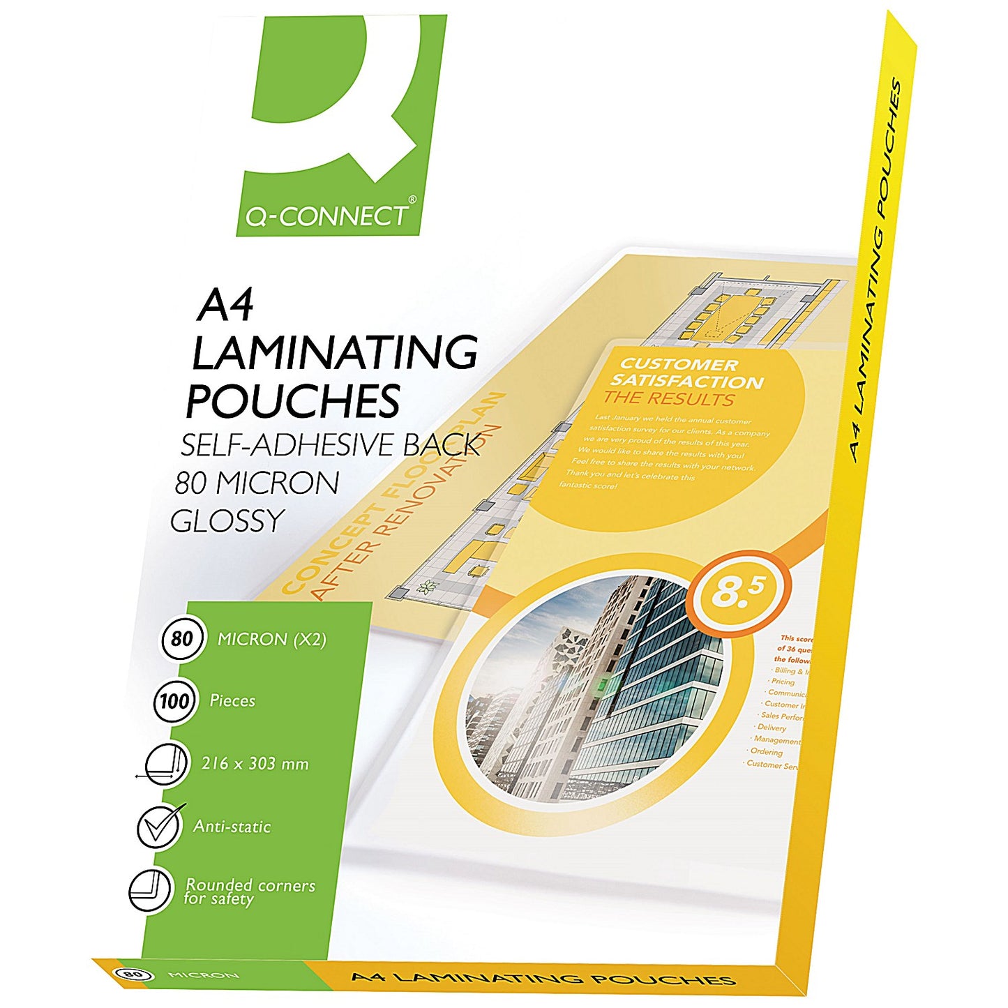 Q-Connect A4 Laminating Pouches, Self-Adhesive Back, 160 Microns, Glossy, Pack of 100
