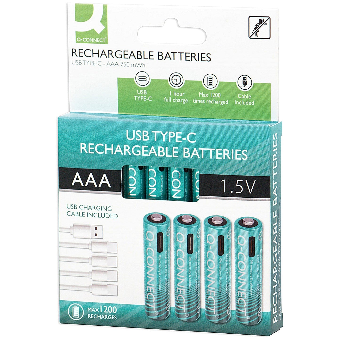 Q-Connect USB C Rechargeable Lithium AAA Batteries, Pack of 4
