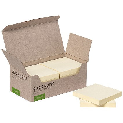 Q-Connect Recycled Notes, 76 x 76mm, Yellow, Pack of 12 x 80 Notes