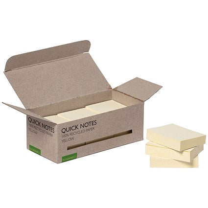 Q-Connect Recycled Notes, 38 x 51mm, Yellow, Pack of 12 x 100 Notes