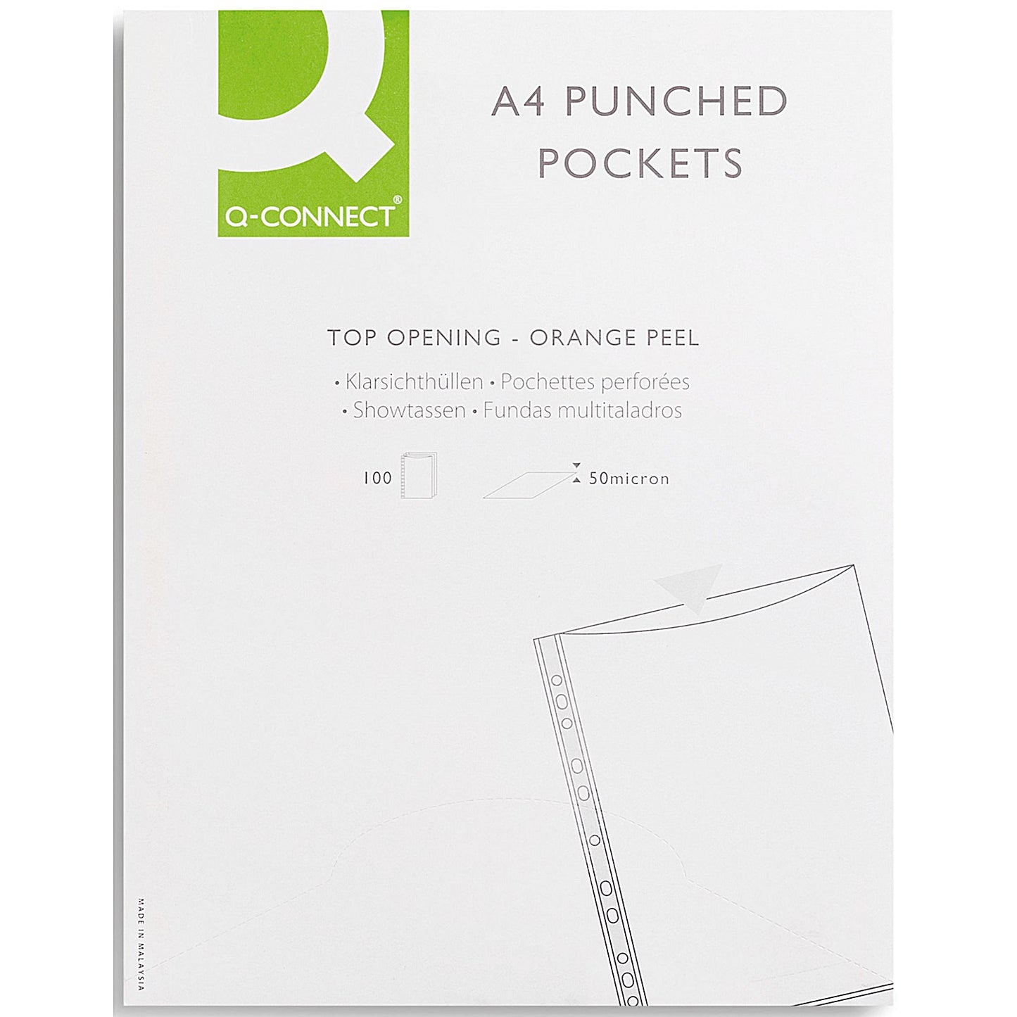 Q-Connect A4 Embossed Punched Pockets, 50 micron, Top Opening, Pack of 100