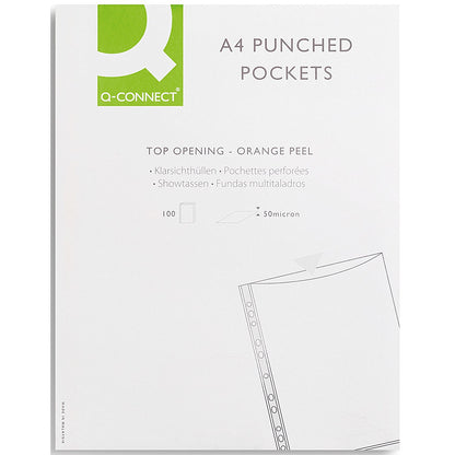 Q-Connect A4 Embossed Punched Pockets, 50 micron, Top Opening, Pack of 100