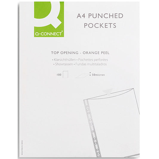 Q-Connect A4 Embossed Punched Pockets, 50 micron, Top Opening, Pack of 100