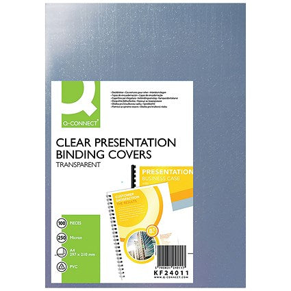 Q-Connect Binding Comb Covers, 250 Micron, Clear, A4, Pack of 100