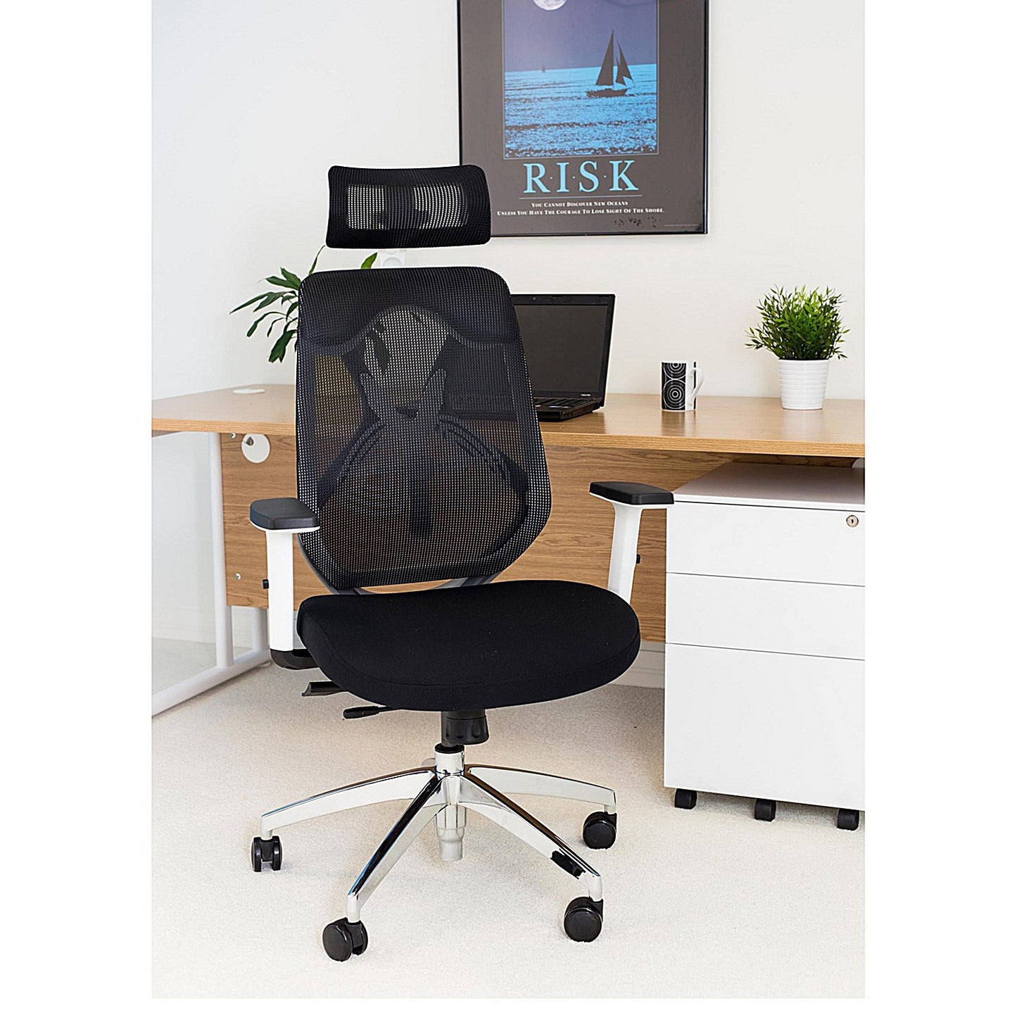 First Stealth Operator Chair with Headrest and Adjustable Arms, Black/White