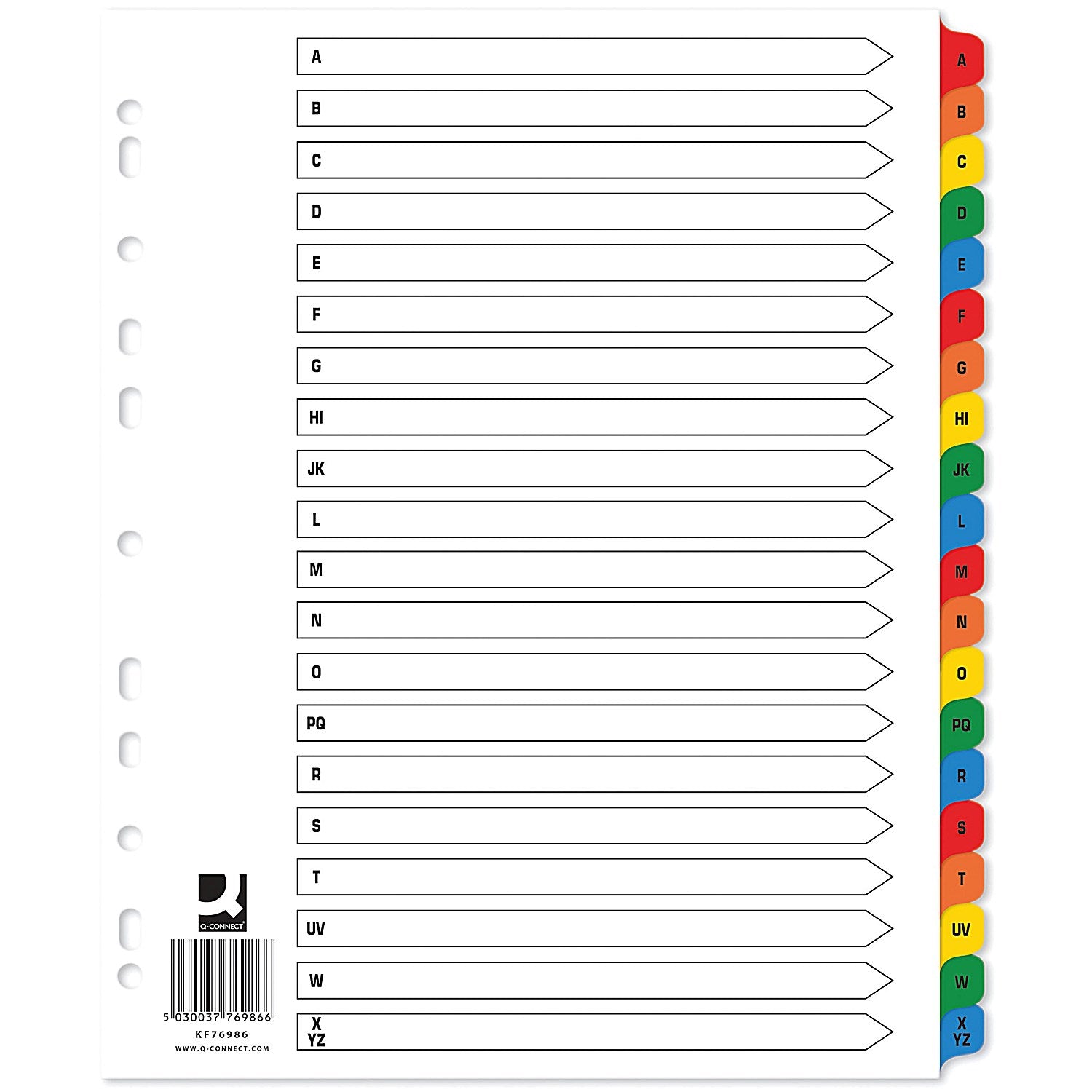 Q-Connect Reinforced Board Index Dividers, Extra Wide, A-Z, Multicolour Tabs, A4, White (Pack of 15)