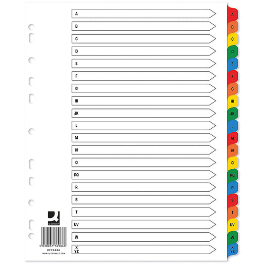 Q-Connect Reinforced Board Index Dividers, Extra Wide, A-Z, Multicolour Tabs, A4, White (Pack of 15)