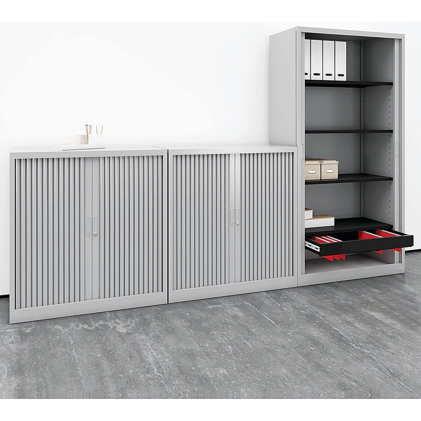 Talos Tall Tambour Unit, Supplied with 4 Shelves1000x450x1950mm, Grey