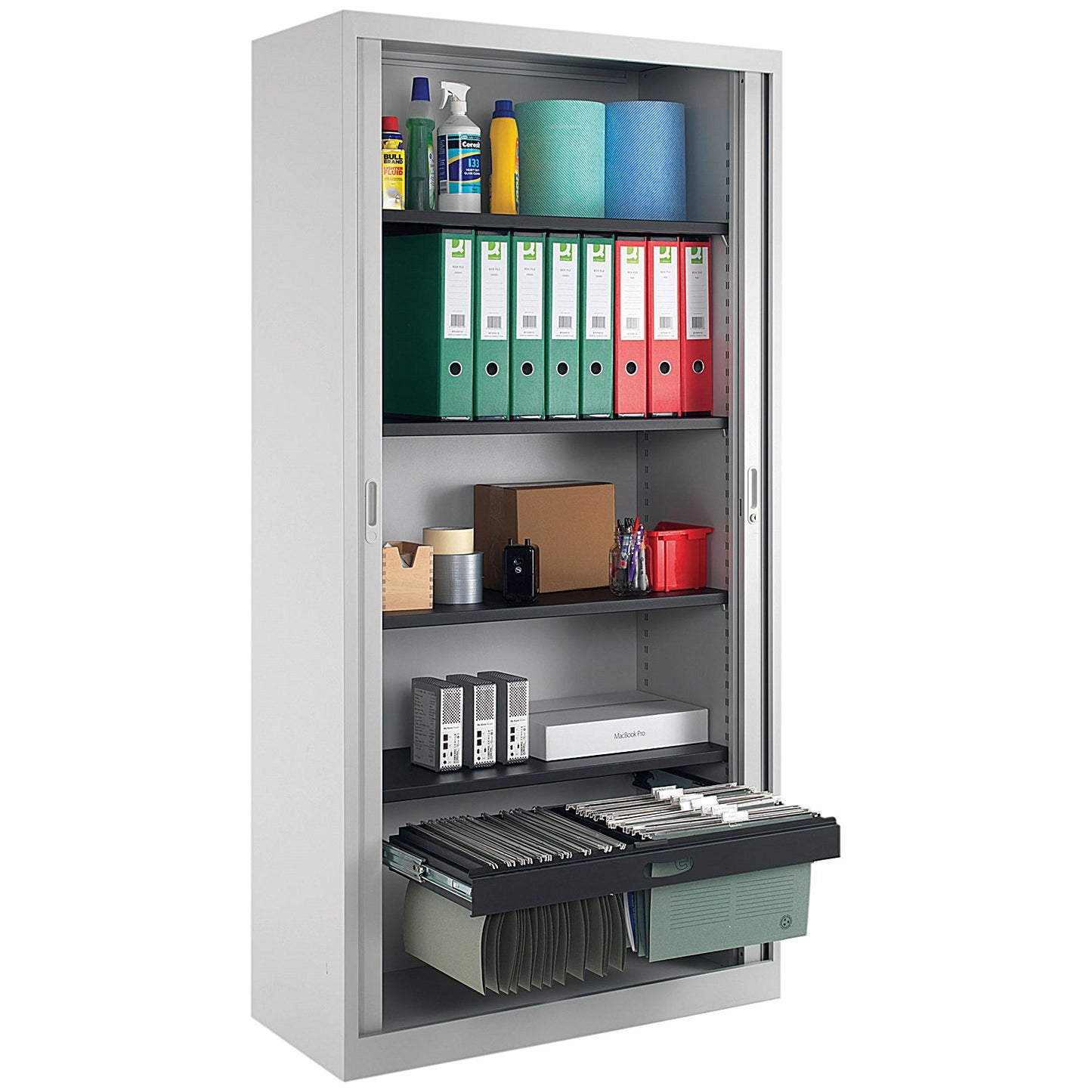 Talos Tall Tambour Unit, Supplied with 4 Shelves, 1000x450x1950mm, White