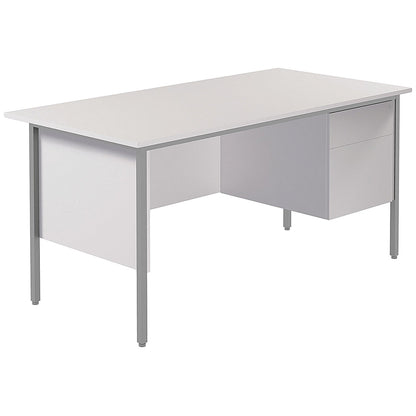 Serrion 1500mm Rectangular Desk with attached 2-Drawer Pedestals, Silver Straight Legs, White