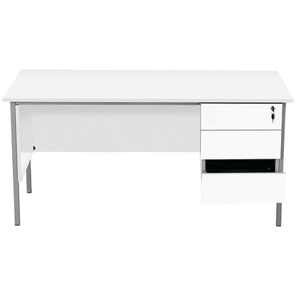 Serrion 1500mm Rectangular Desk with attached 3-Drawer Pedestals, Silver Straight Legs, White
