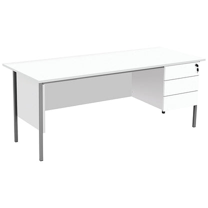 Serrion 1800mm Rectangular Desk with attached 3-Drawer Pedestals, Silver Straight Legs, White