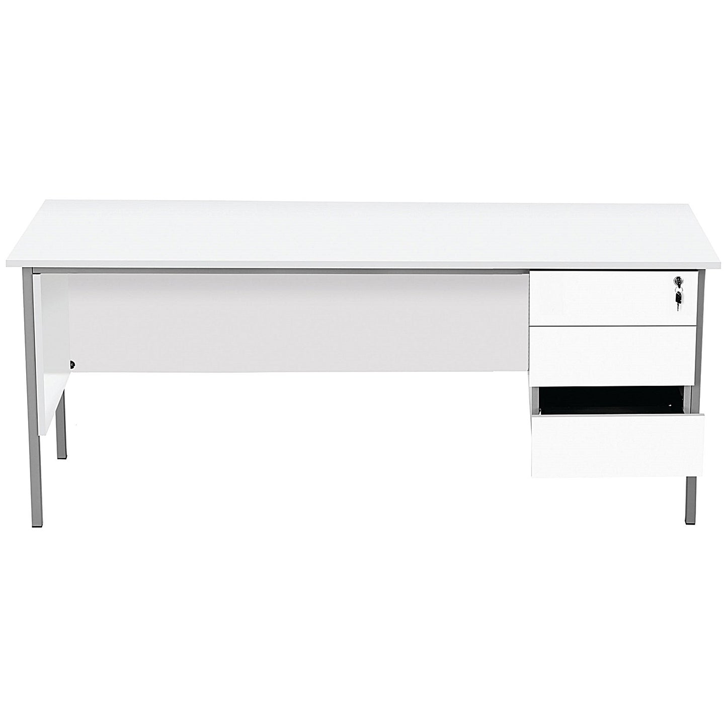 Serrion 1800mm Rectangular Desk with attached 3-Drawer Pedestals, Silver Straight Legs, White