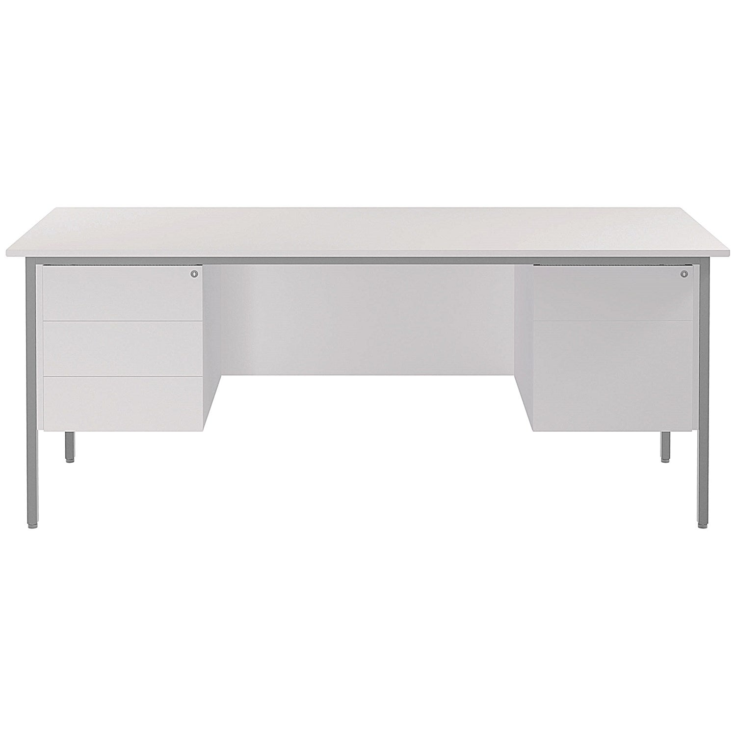 Serrion 1800mm Rectangular Desk with 2 attached Pedestals, Silver Straight Legs, White