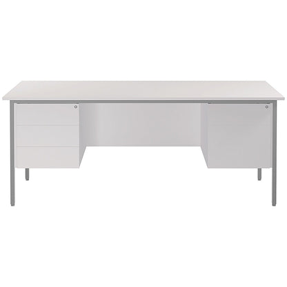 Serrion 1800mm Rectangular Desk with 2 attached Pedestals, Silver Straight Legs, White