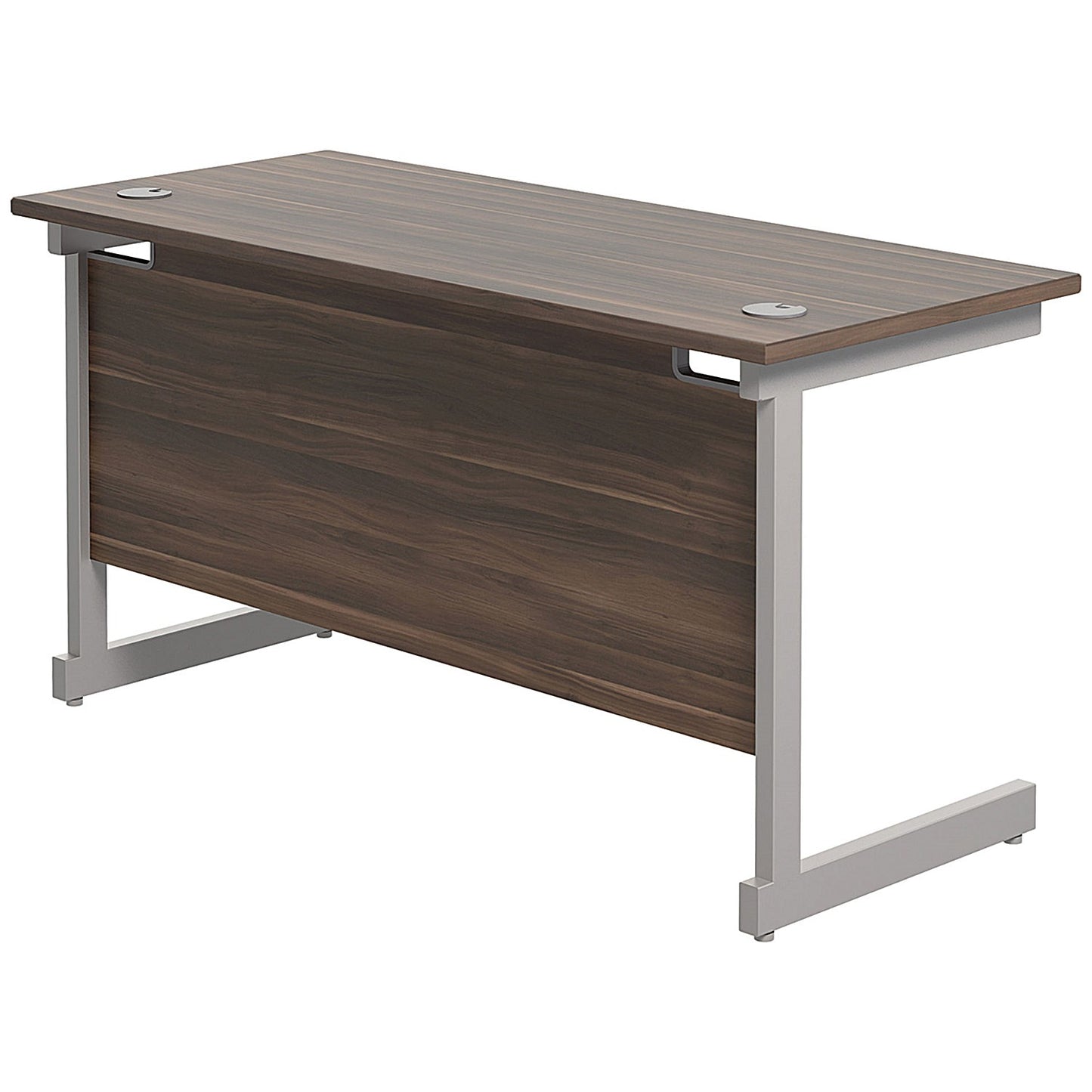 Jemini 1400mm Slim Rectangular Desk, Silver Cantilever Leg, Walnut