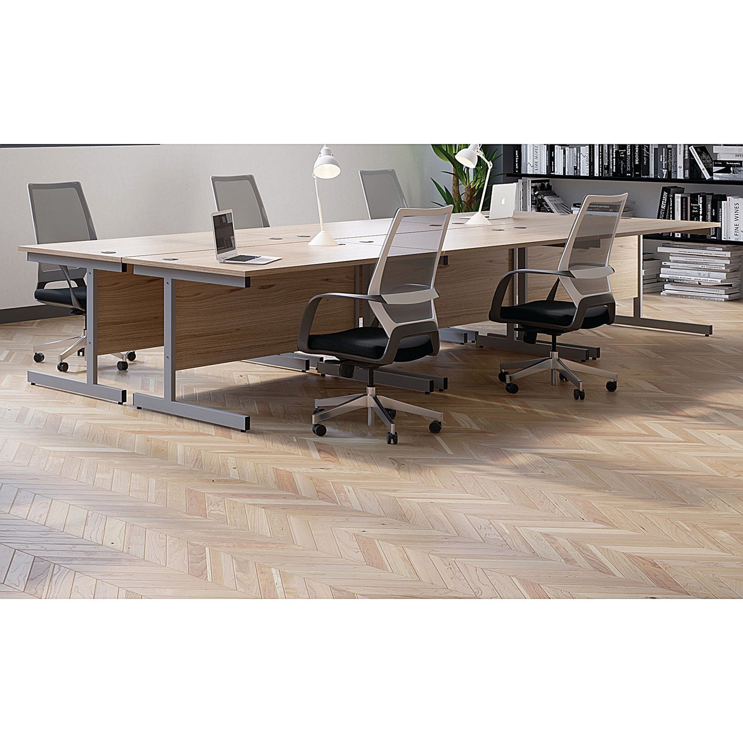 Jemini 1600mm Corner Desk, Left Hand, Silver Cantilever Legs, Grey Oak
