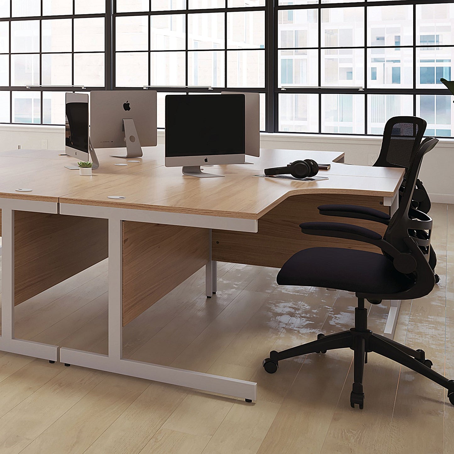First 1600mm Corner Desk, Left Hand, Silver Cantilever Legs, Beech, With 3 Drawer Desk High Pedestal