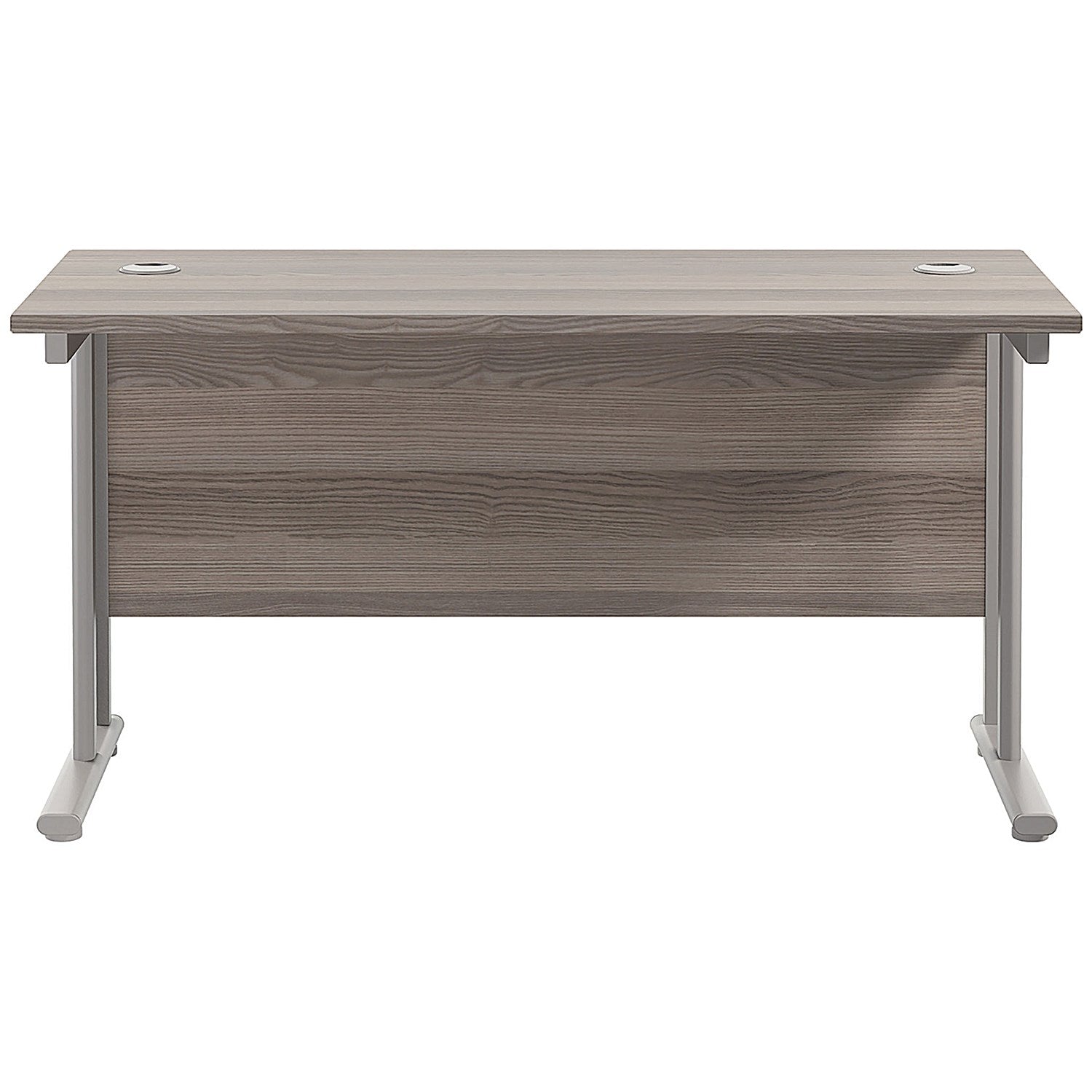 Jemini 1400mm Slim Rectangular Desk, Silver Double Cantilever Leg, Grey Oak