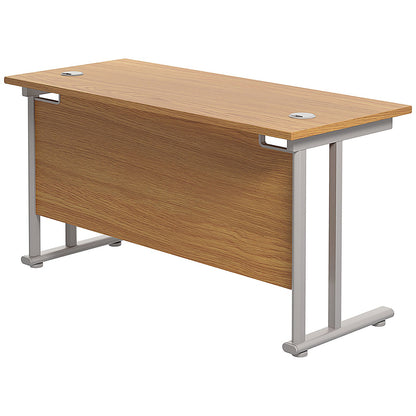 Jemini 1400mm Slim Rectangular Desk, Silver Double Cantilever Leg, Oak