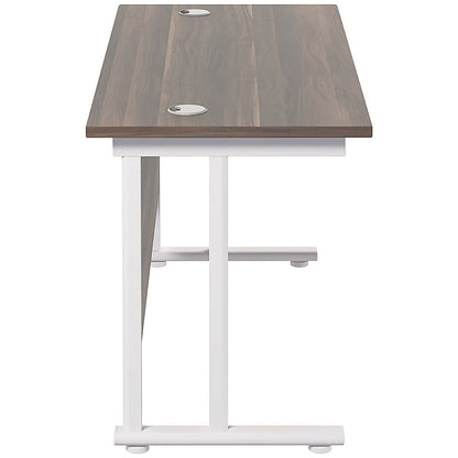 Jemini 1400mm Slim Rectangular Desk, White Cantilever Leg, Walnut