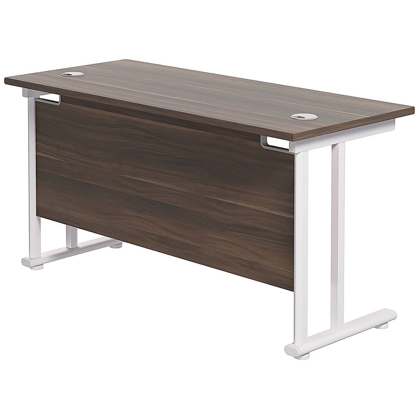 Jemini 1400mm Slim Rectangular Desk, White Cantilever Leg, Walnut