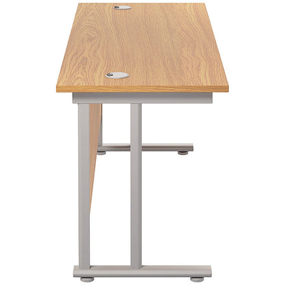 Jemini 1600mm Slim Rectangular Desk, Silver Double Cantilever Leg, Oak