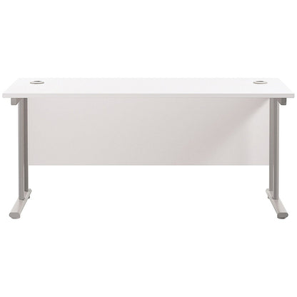 Jemini 1600mm Slim Rectangular Desk, Silver Double Cantilever Leg, White