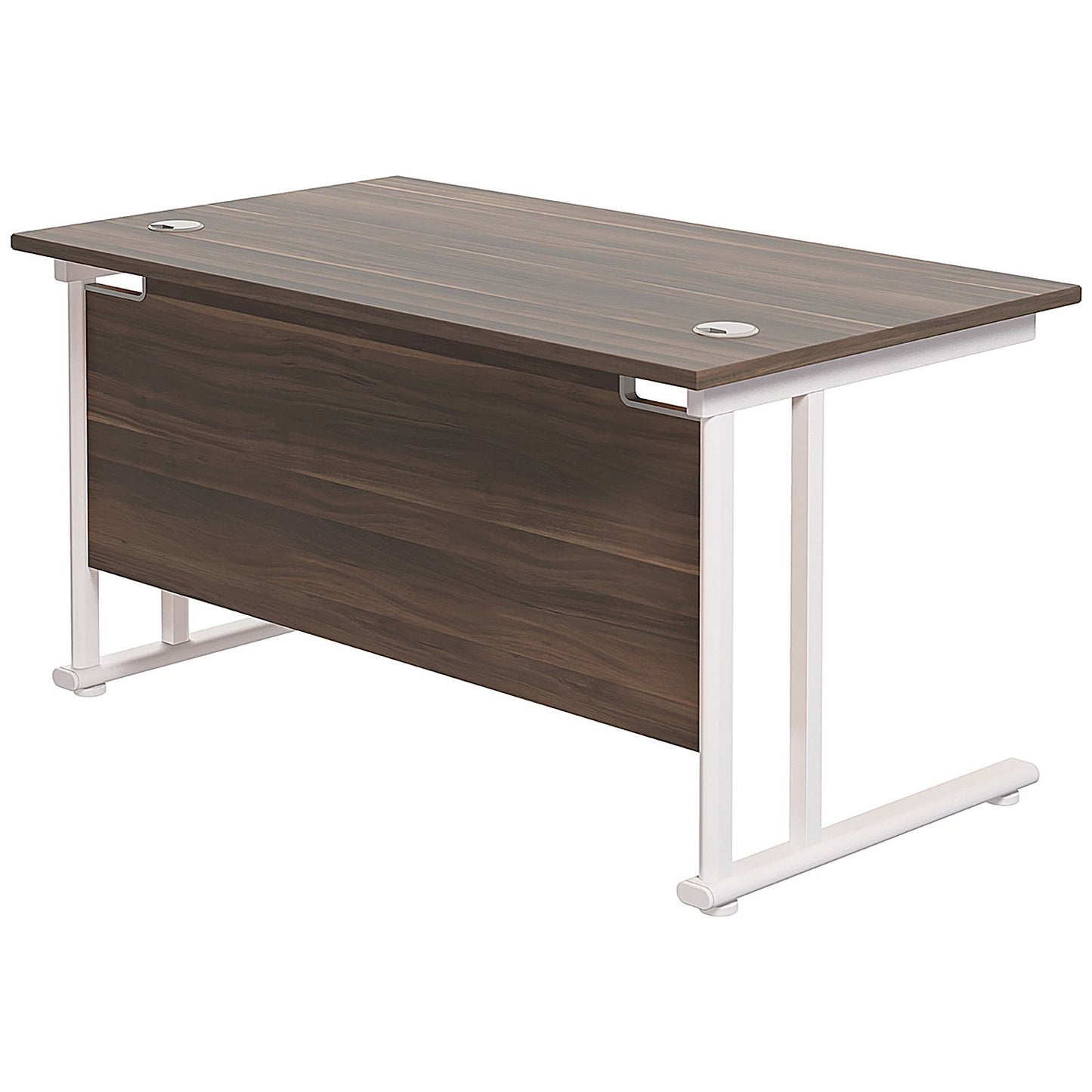 Jemini 1400mm Slim Rectangular Desk, White Cantilever Leg, Walnut