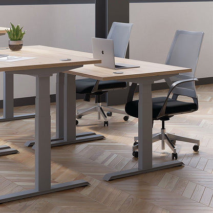 Jemini Sit-Stand Desk, Silver Leg, 1400mm, Grey Oak Top