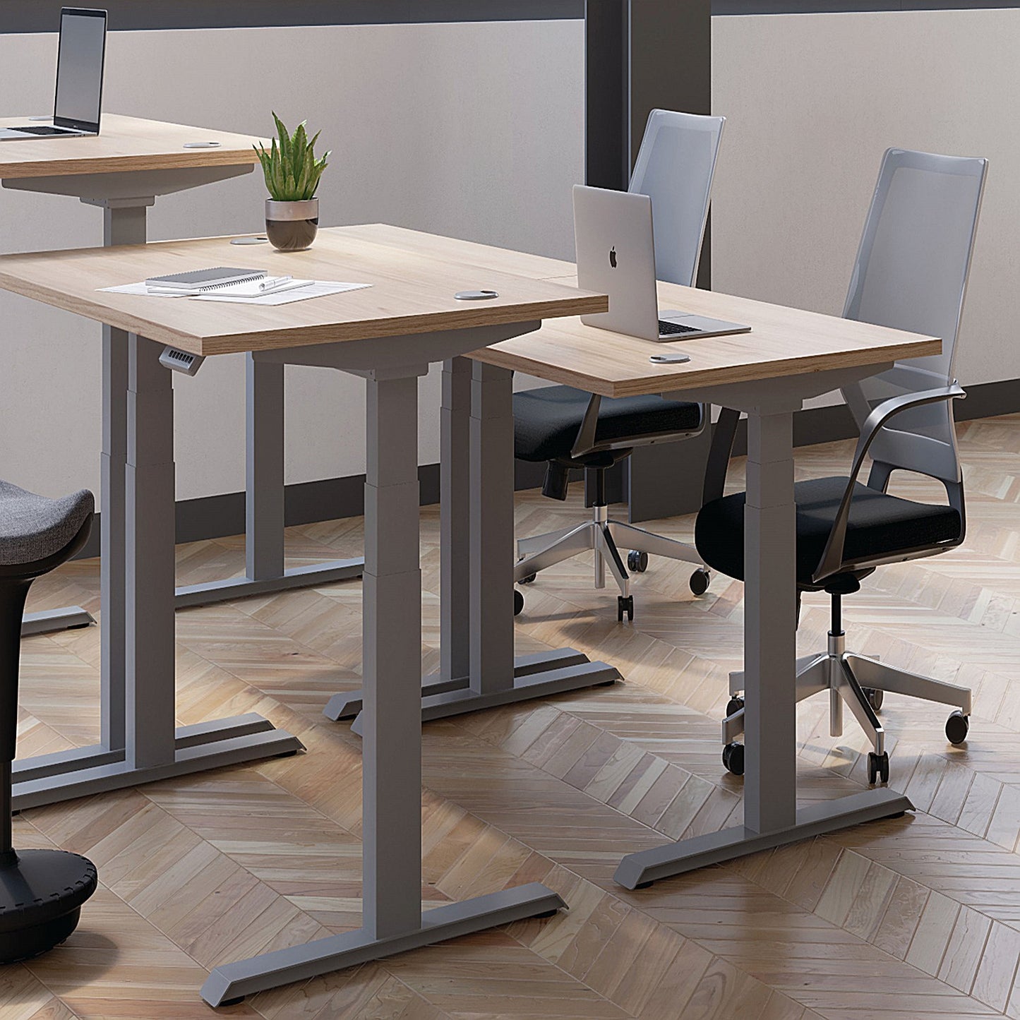 Jemini Sit-Stand Desk, Silver Leg, 1600mm, Grey Oak Top