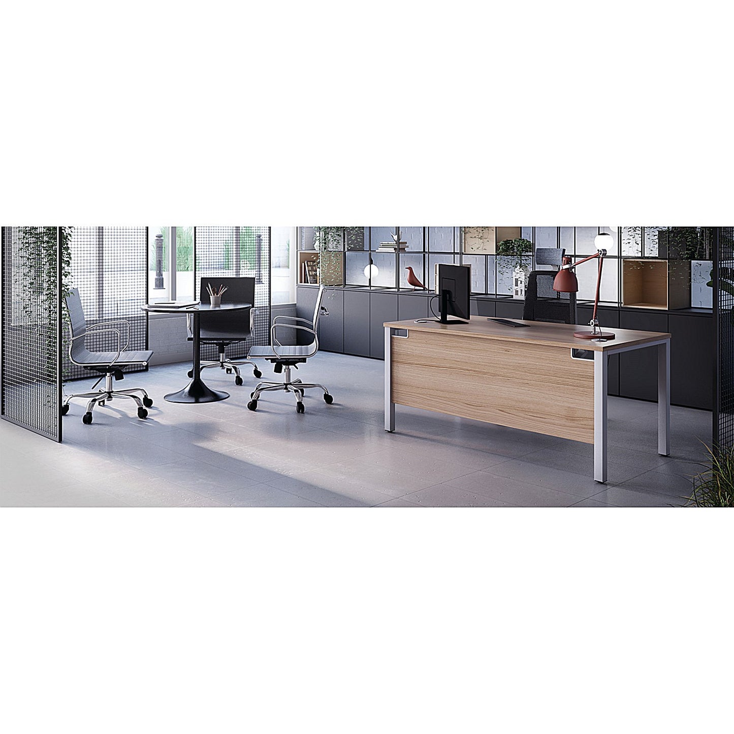 Jemini 1000mm Slim Rectangular Desk, Silver Goal Post Legs, Grey Oak
