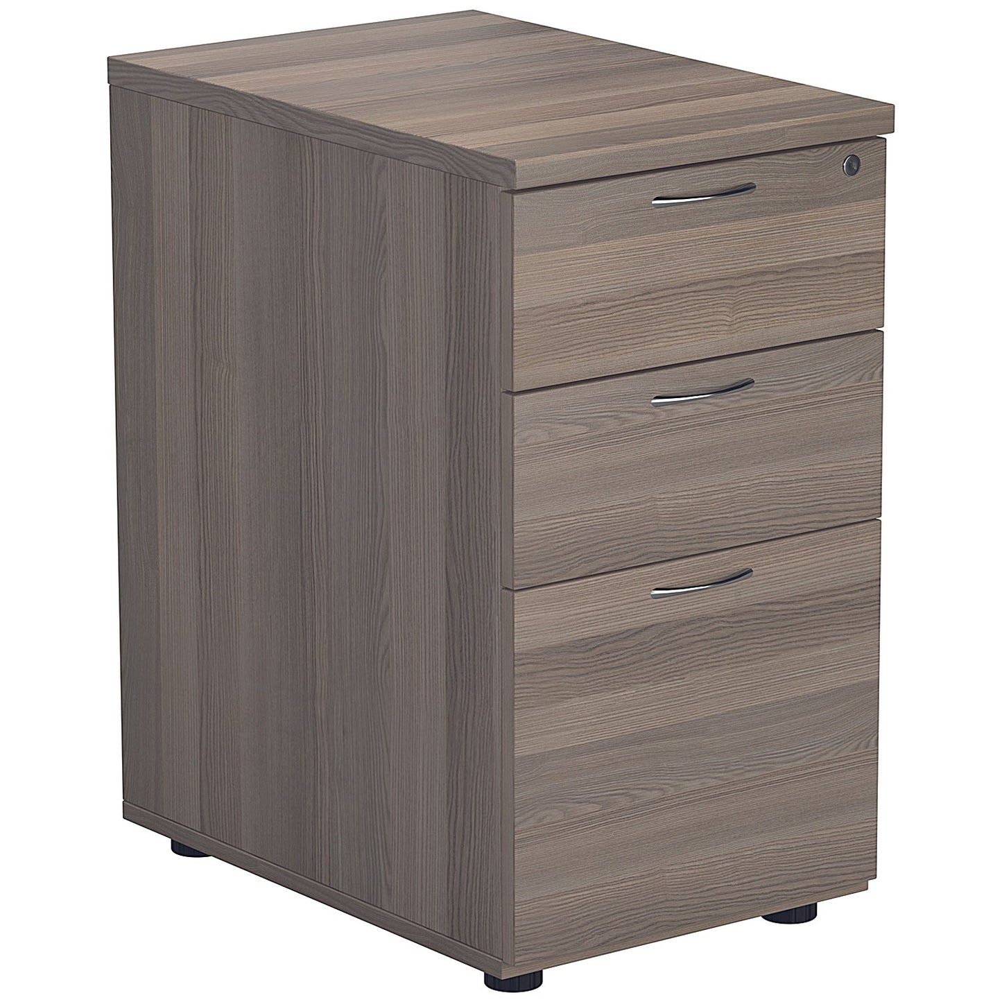 First 1600mm Corner Desk, Left Hand, Silver Cantilever Legs, Grey Oak, With 3 Drawer Desk High Pedestal