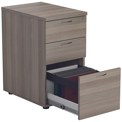 First 1600mm Corner Desk, Right Hand, Silver Cantilever Legs, Grey Oak, With 3 Drawer Desk High Pedestal