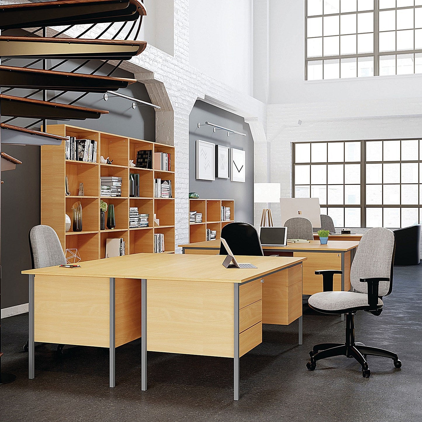 Serrion 1200mm Rectangular Desk with attached 3-Drawer Pedestals, Black Straight Legs, Oak