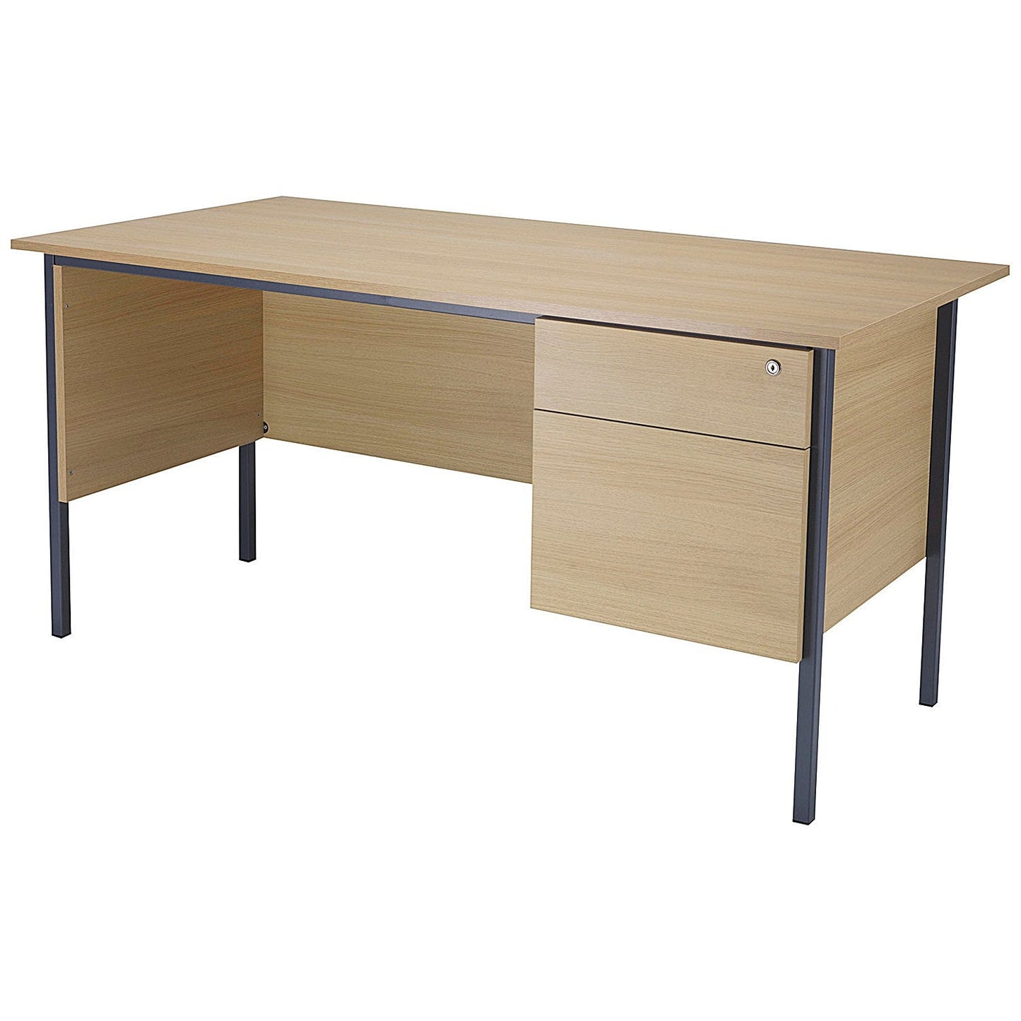 Serrion 1500mm Rectangular Desk with attached 2-Drawer Pedestals, Black Straight Legs, Oak